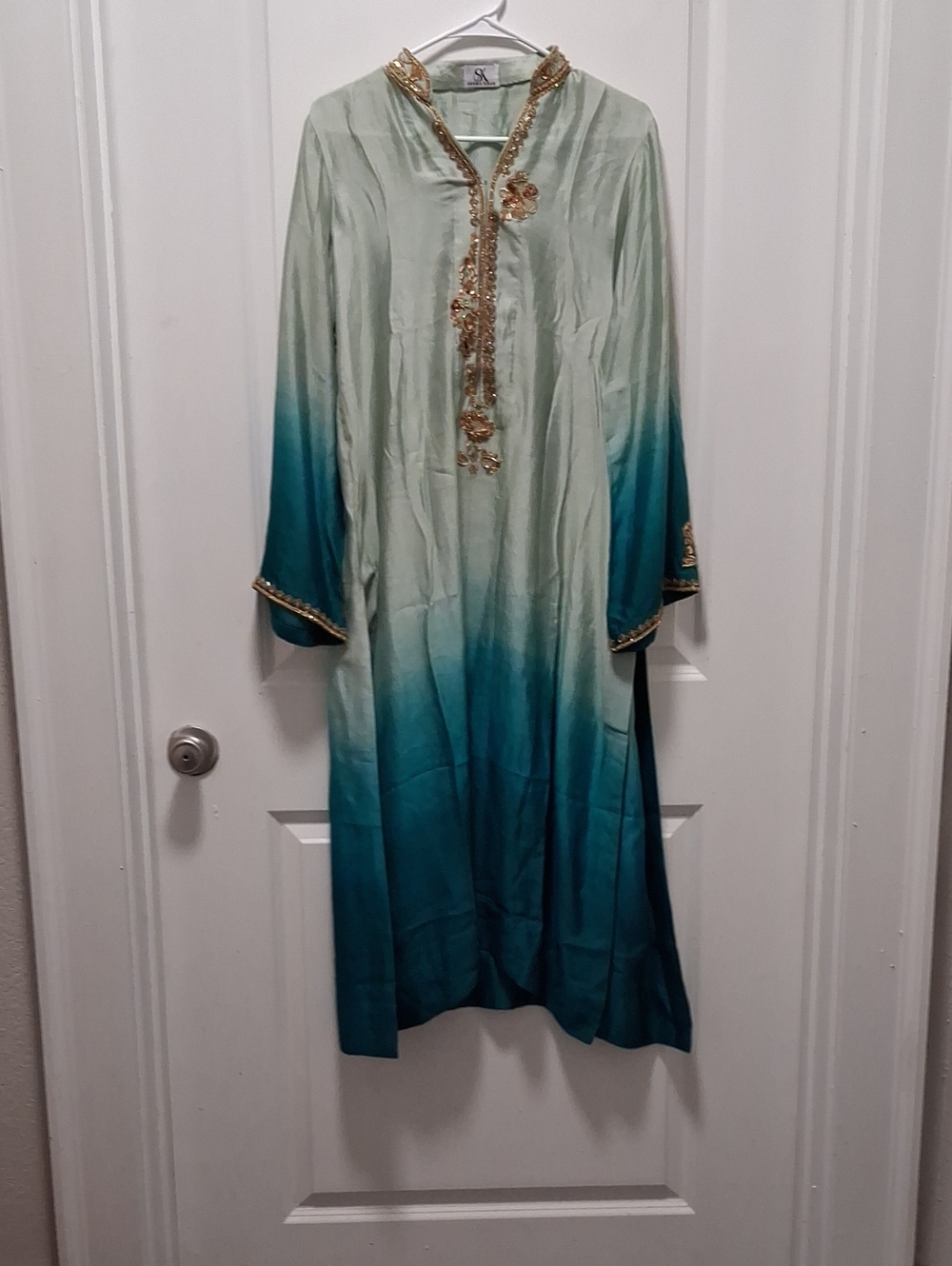 Embellished Mint to Teal Ombre Long Sleeve Dress